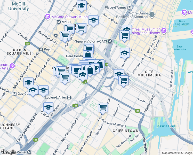 map of restaurants, bars, coffee shops, grocery stores, and more near 2400-1000 Rue De la Gauchetière Ouest in Montréal