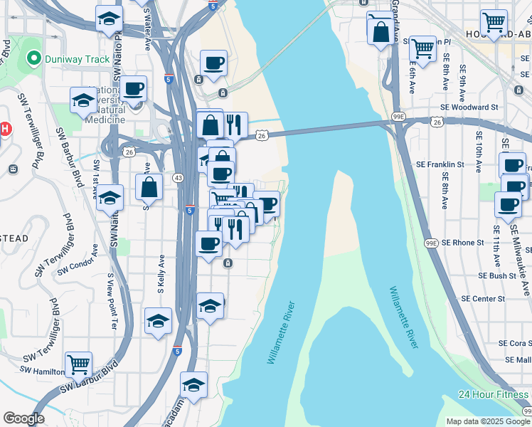 map of restaurants, bars, coffee shops, grocery stores, and more near 836 South Curry Street in Portland
