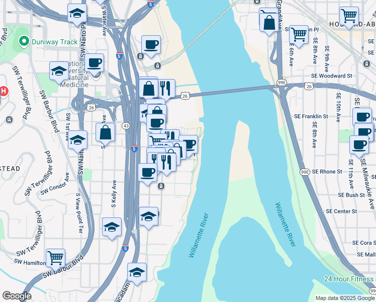 map of restaurants, bars, coffee shops, grocery stores, and more near 0836 Southwest Curry Street in Portland