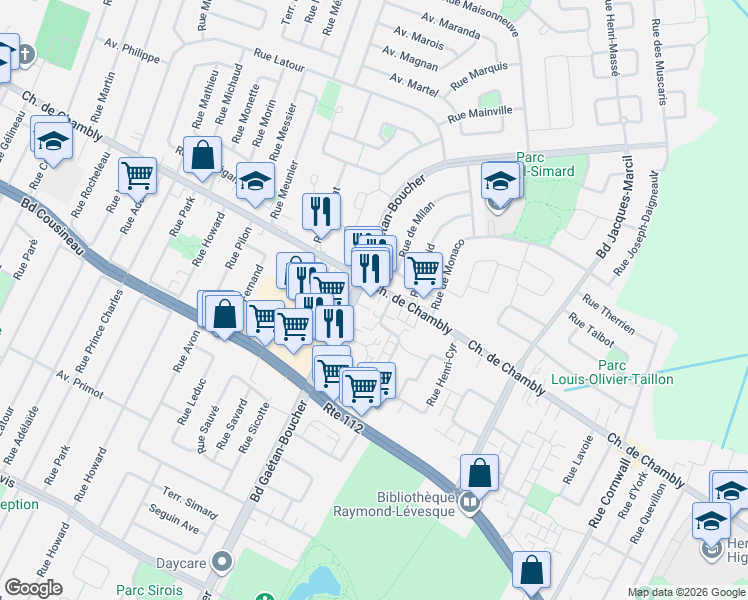 map of restaurants, bars, coffee shops, grocery stores, and more near 6075 Chemin de Chambly in Longueuil