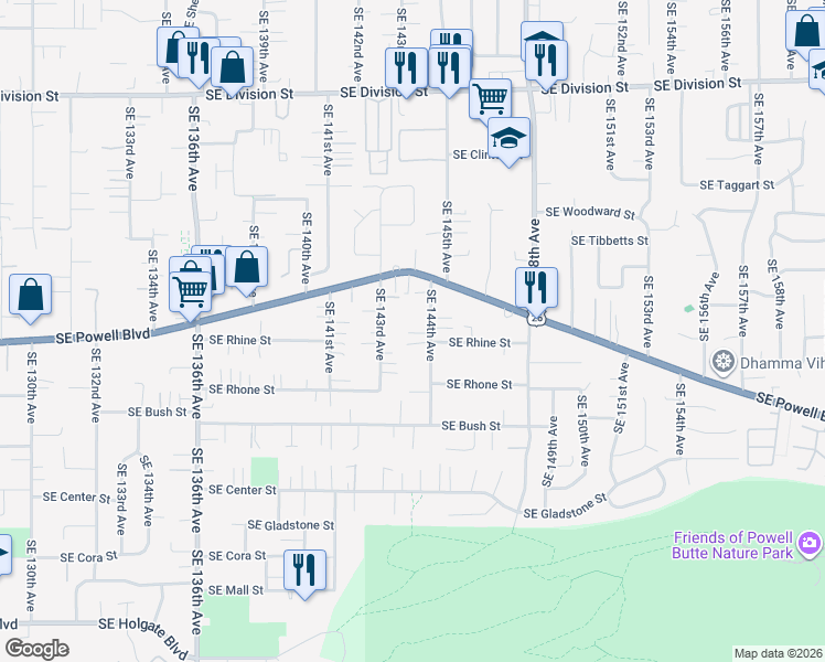 map of restaurants, bars, coffee shops, grocery stores, and more near 3423 Southeast 144th Avenue in Portland