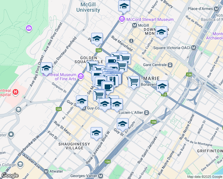 map of restaurants, bars, coffee shops, grocery stores, and more near in Montreal