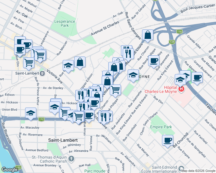 map of restaurants, bars, coffee shops, grocery stores, and more near 91 Rue Saint-Louis in Longueuil
