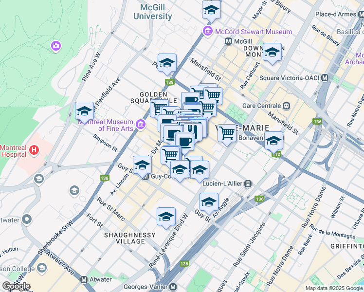 map of restaurants, bars, coffee shops, grocery stores, and more near 1257 Sainte-Catherine Ouest in Montréal