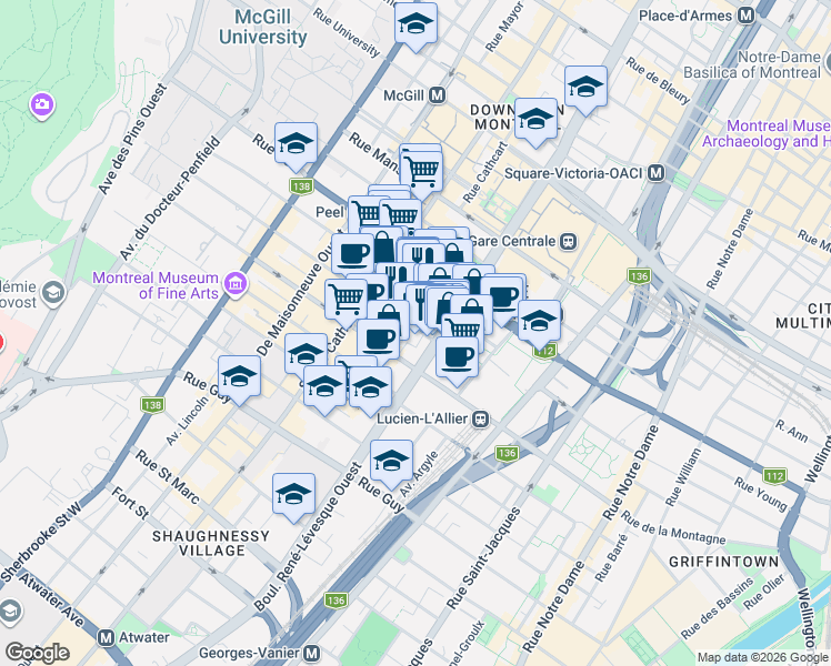map of restaurants, bars, coffee shops, grocery stores, and more near 1200 Rue Drummond in Montréal