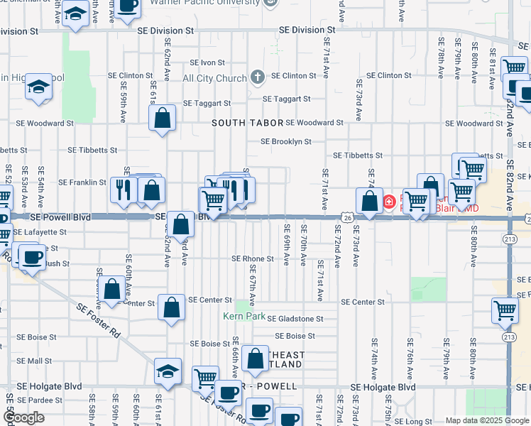 map of restaurants, bars, coffee shops, grocery stores, and more near 3415 Southeast 68th Avenue in Portland