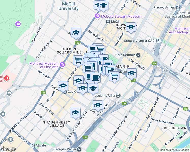 map of restaurants, bars, coffee shops, grocery stores, and more near in Montreal