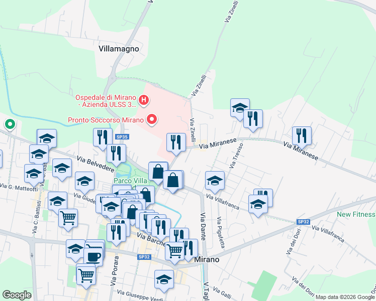 map of restaurants, bars, coffee shops, grocery stores, and more near 7 Via Luigi Mariutto in Mirano