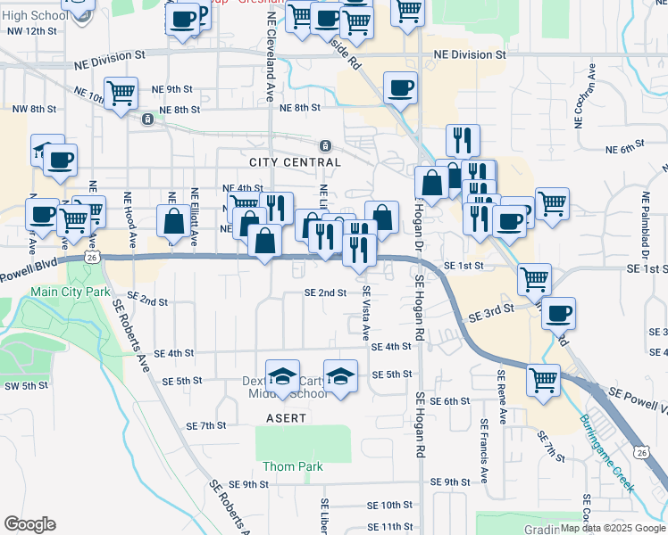 map of restaurants, bars, coffee shops, grocery stores, and more near 1360 Powell Boulevard in Gresham