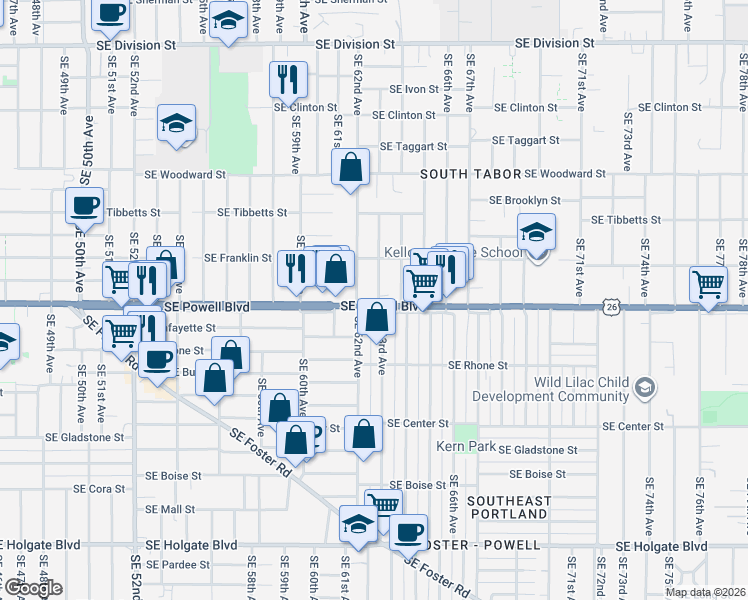 map of restaurants, bars, coffee shops, grocery stores, and more near 6227 Southeast Powell Boulevard in Portland