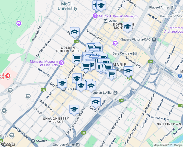 map of restaurants, bars, coffee shops, grocery stores, and more near 1229 Rue de la Montagne in Montréal