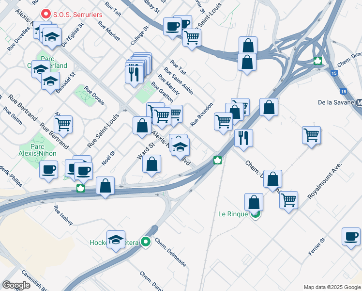 map of restaurants, bars, coffee shops, grocery stores, and more near 180 Authier Street in Montreal