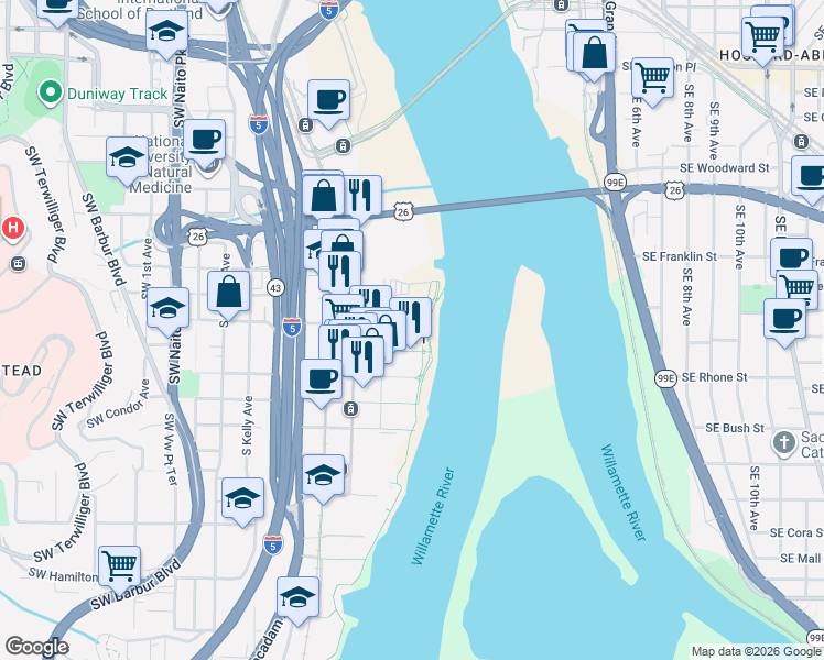 map of restaurants, bars, coffee shops, grocery stores, and more near 836 South Curry Street in Portland