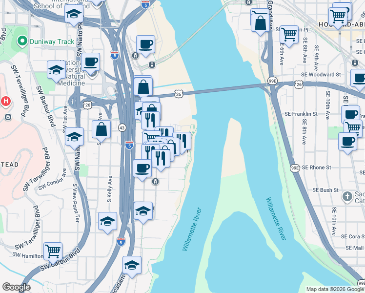 map of restaurants, bars, coffee shops, grocery stores, and more near 836 South Curry Street in Portland