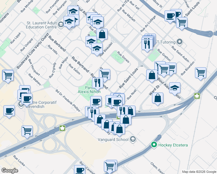 map of restaurants, bars, coffee shops, grocery stores, and more near 2495 Rue Valade in Montréal