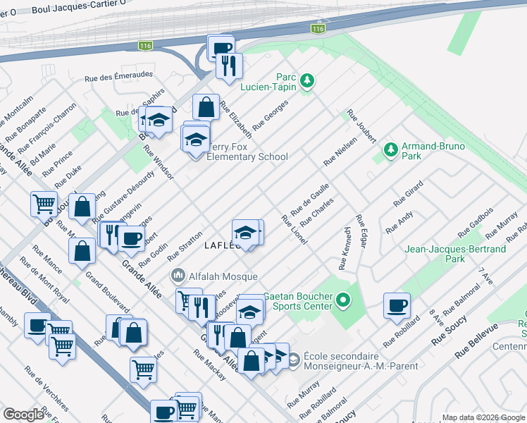 map of restaurants, bars, coffee shops, grocery stores, and more near 1595 Rue Nielsen in Longueuil