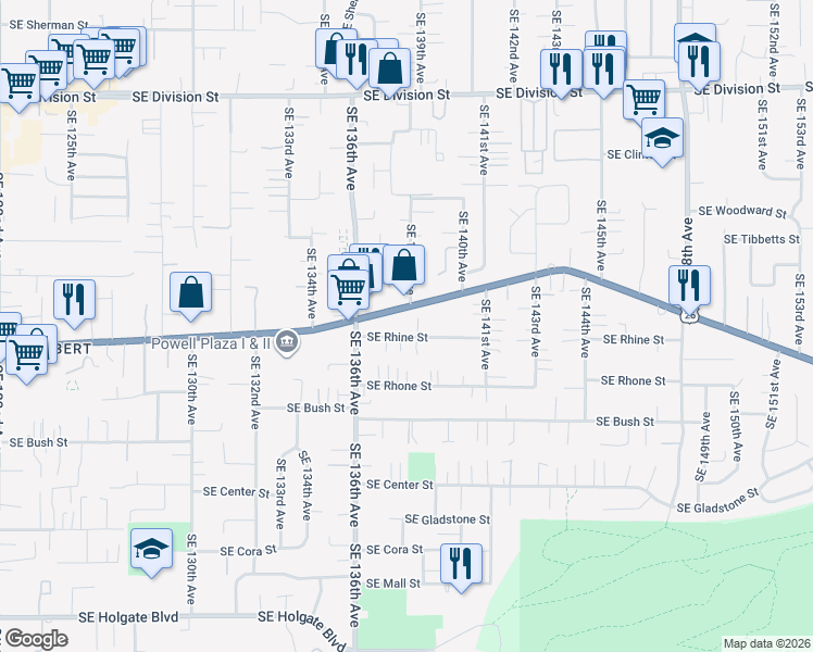 map of restaurants, bars, coffee shops, grocery stores, and more near 13746 Southeast Powell Boulevard in Portland