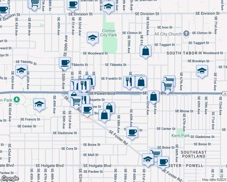 map of restaurants, bars, coffee shops, grocery stores, and more near 3420 Southeast 57th Avenue in Portland