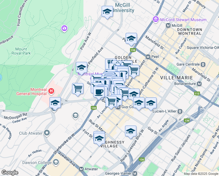map of restaurants, bars, coffee shops, grocery stores, and more near in Montreal