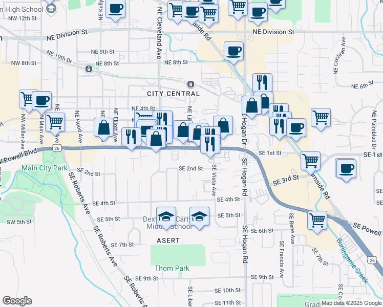 map of restaurants, bars, coffee shops, grocery stores, and more near 1304 East Powell Boulevard in Gresham