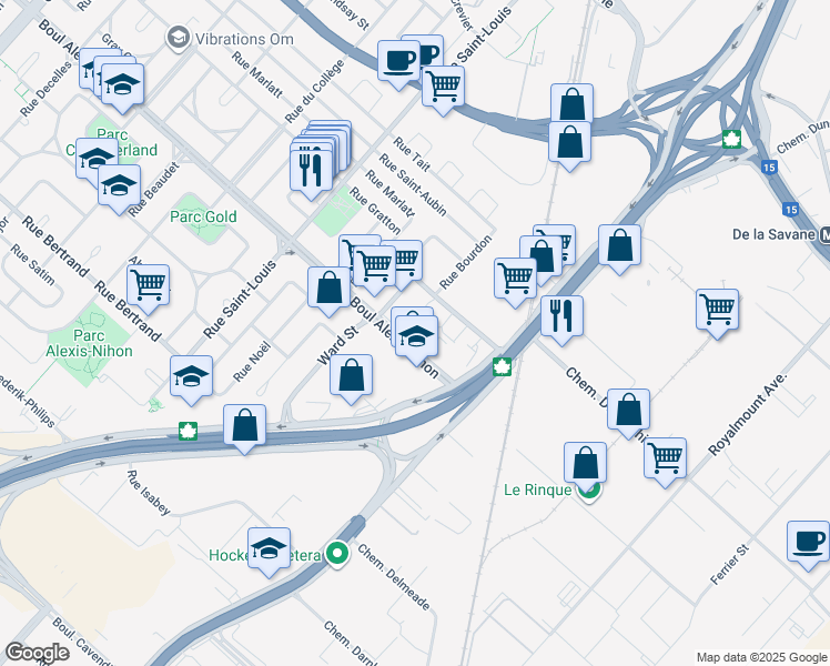 map of restaurants, bars, coffee shops, grocery stores, and more near 180 Authier Street in Montreal