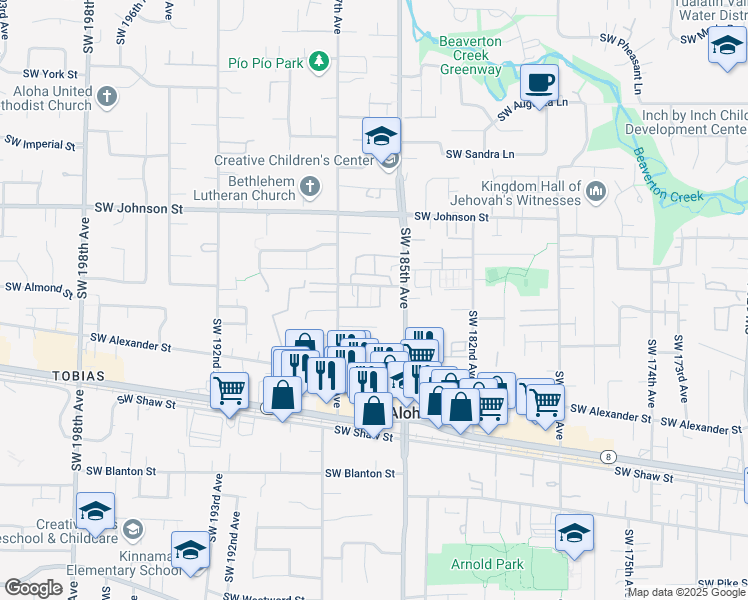 map of restaurants, bars, coffee shops, grocery stores, and more near 18607 Southwest Mapleoak Lane in Aloha