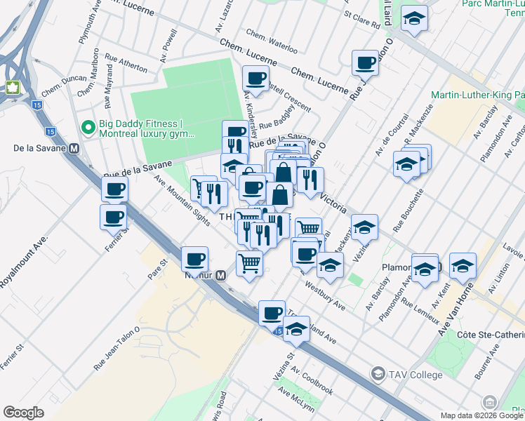 map of restaurants, bars, coffee shops, grocery stores, and more near 4980 Rue Buchan in Montrã©Al