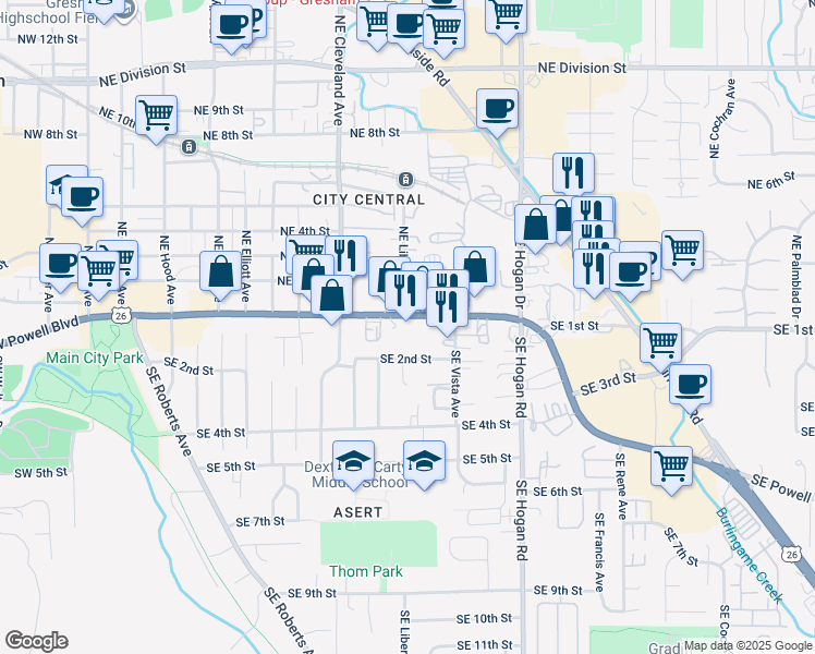 map of restaurants, bars, coffee shops, grocery stores, and more near 1304 East Powell Boulevard in Gresham