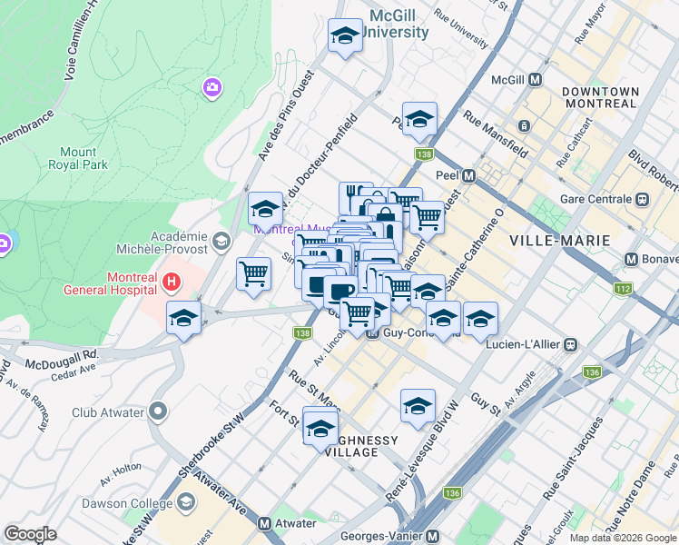 map of restaurants, bars, coffee shops, grocery stores, and more near 1455 Rue Sherbrooke Ouest in Montréal