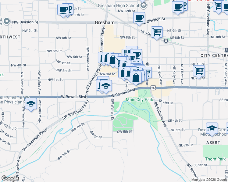 map of restaurants, bars, coffee shops, grocery stores, and more near 234 Northwest 1st Street in Gresham