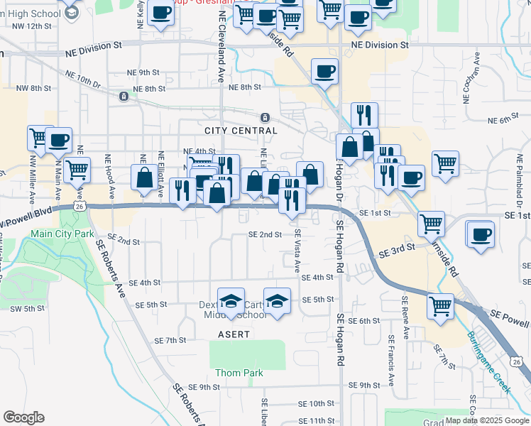 map of restaurants, bars, coffee shops, grocery stores, and more near 1360 Powell Boulevard in Gresham