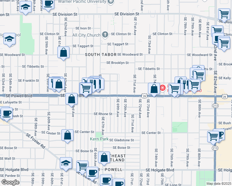 map of restaurants, bars, coffee shops, grocery stores, and more near 3423 Southeast 69th Avenue in Portland
