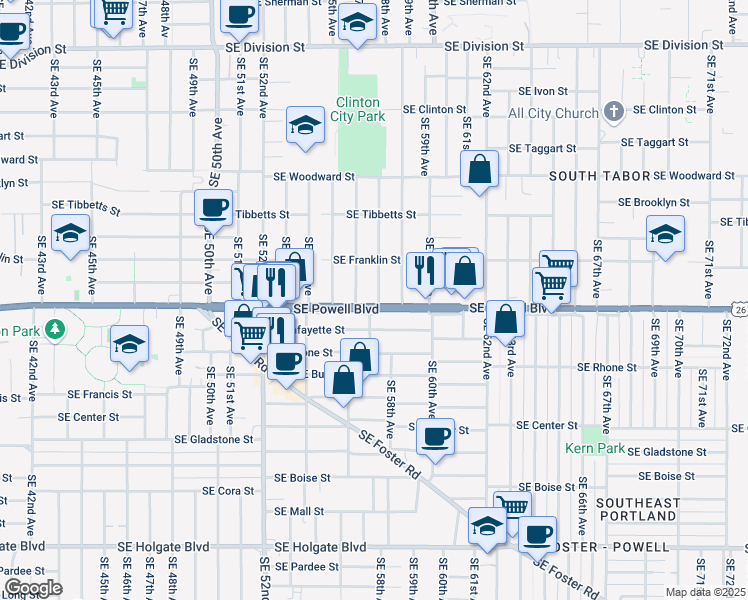 map of restaurants, bars, coffee shops, grocery stores, and more near 3420 Southeast 57th Avenue in Portland