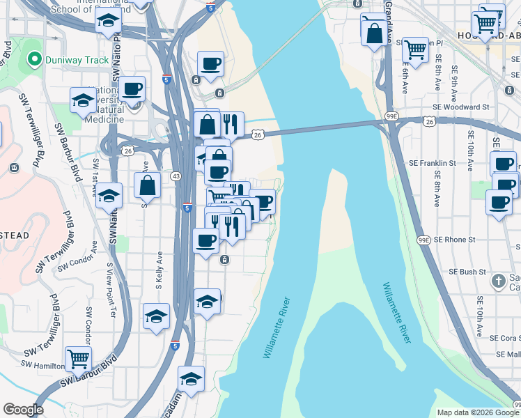 map of restaurants, bars, coffee shops, grocery stores, and more near 836 South Curry Street in Portland