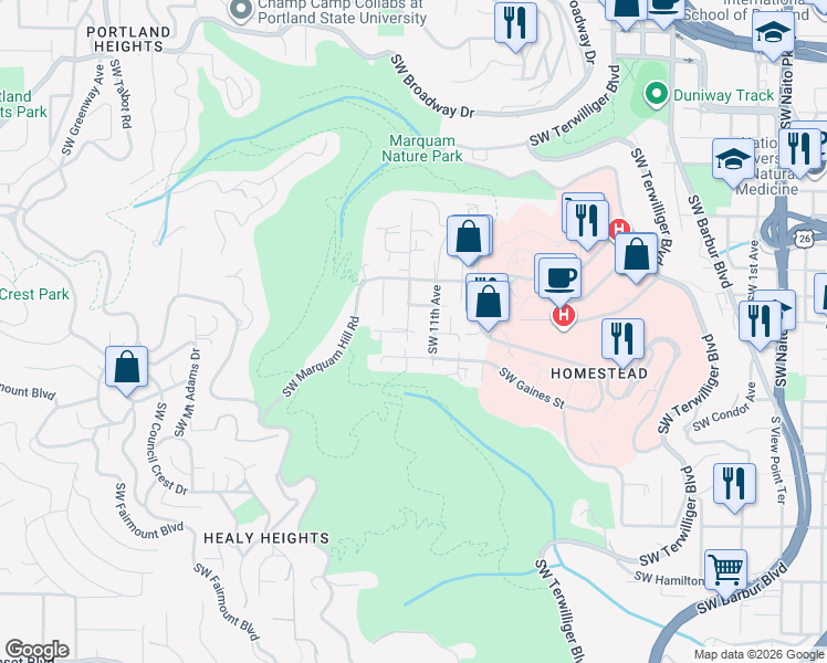 map of restaurants, bars, coffee shops, grocery stores, and more near 3328 Southwest 12th Avenue in Portland