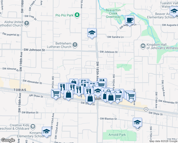 map of restaurants, bars, coffee shops, grocery stores, and more near 18607 Southwest Mapleoak Lane in Beaverton