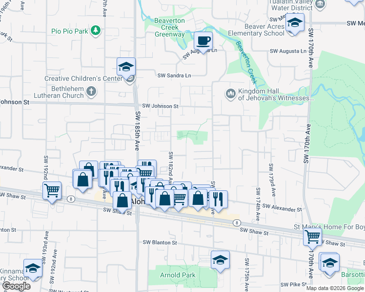 map of restaurants, bars, coffee shops, grocery stores, and more near 3035 Southwest 180th Place in Aloha