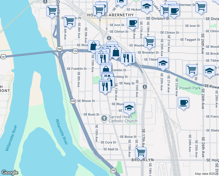 map of restaurants, bars, coffee shops, grocery stores, and more near 1219 Southeast Rhine Street in Portland