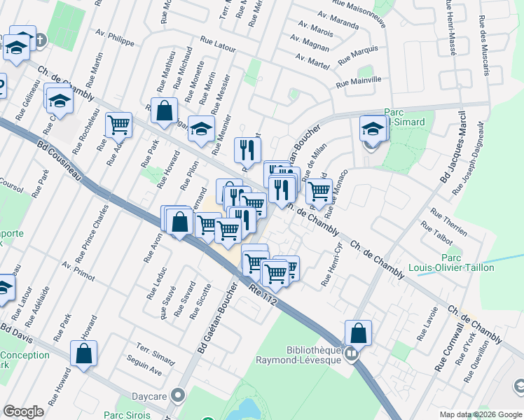 map of restaurants, bars, coffee shops, grocery stores, and more near 5995 Chemin de Chambly in Longueuil