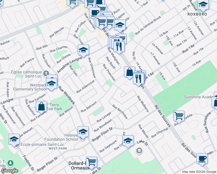 map of restaurants, bars, coffee shops, grocery stores, and more near 20 Rue Belcourt in Dollard-des-Ormeaux