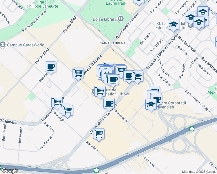 map of restaurants, bars, coffee shops, grocery stores, and more near 3205 Boulevard Cote Vertu Ouest in Montreal