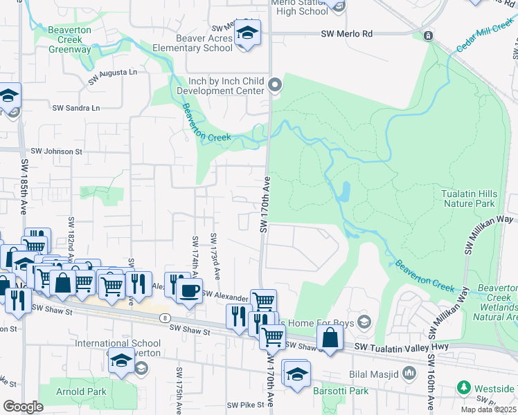map of restaurants, bars, coffee shops, grocery stores, and more near 3011 Southwest 170th Avenue in Beaverton