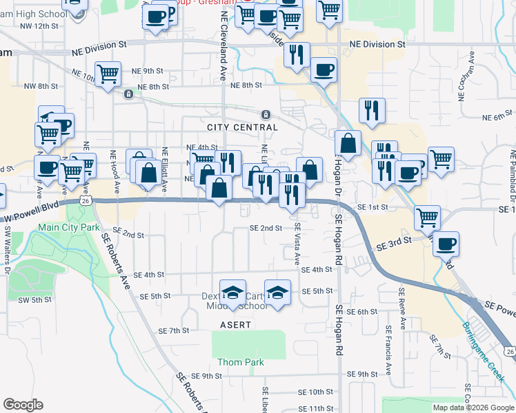 map of restaurants, bars, coffee shops, grocery stores, and more near 1155 Powell Boulevard in Gresham