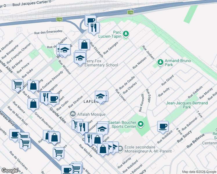 map of restaurants, bars, coffee shops, grocery stores, and more near 1593 Rue Nielsen in Longueuil