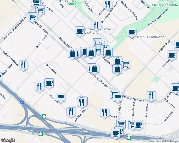 map of restaurants, bars, coffee shops, grocery stores, and more near 5290 Boulevard Thimens in Montreal