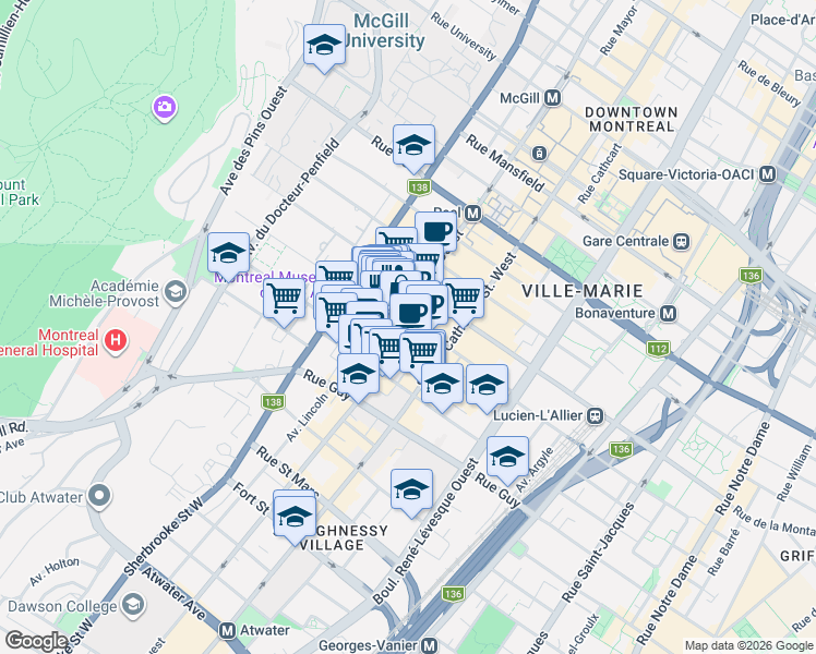 map of restaurants, bars, coffee shops, grocery stores, and more near 1470 Rue Crescent in Montréal