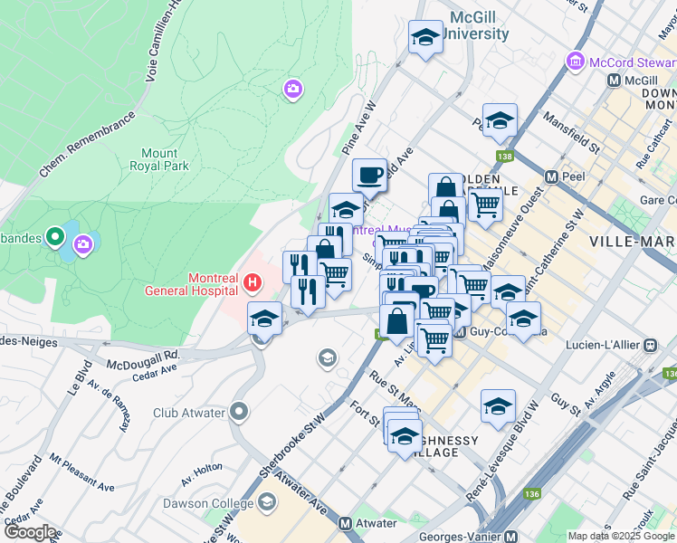 map of restaurants, bars, coffee shops, grocery stores, and more near 1530 Avenue du Docteur-Penfield in Montréal