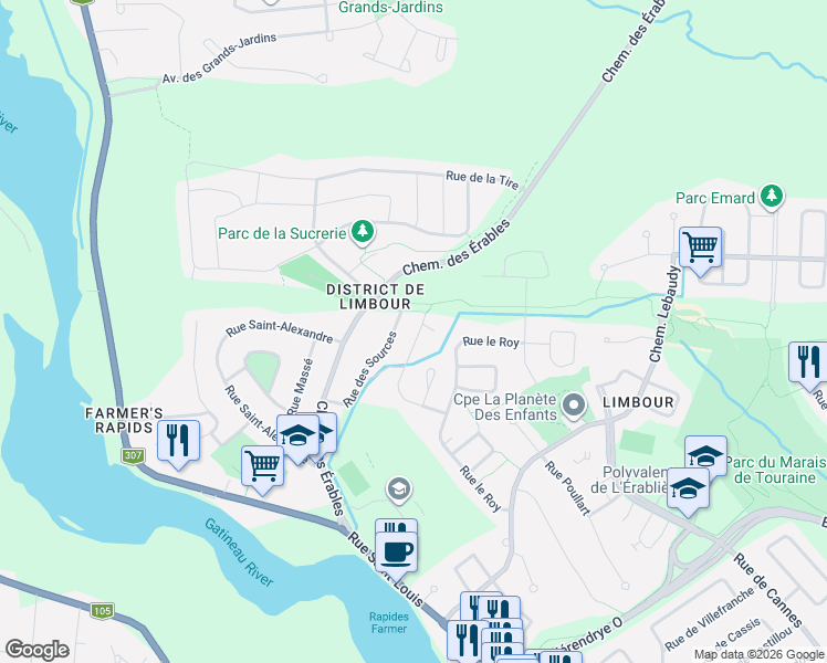 map of restaurants, bars, coffee shops, grocery stores, and more near 40 Rue du Sommelier in Gatineau