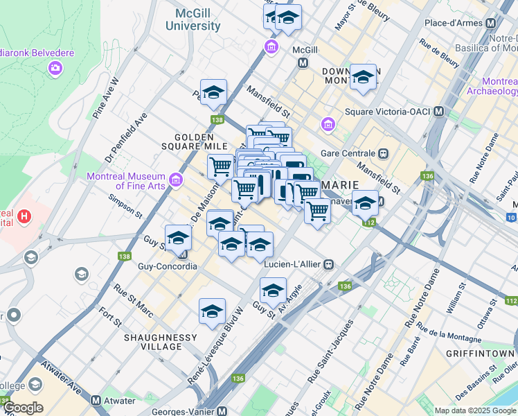 map of restaurants, bars, coffee shops, grocery stores, and more near 1229 Rue de la Montagne in Montréal