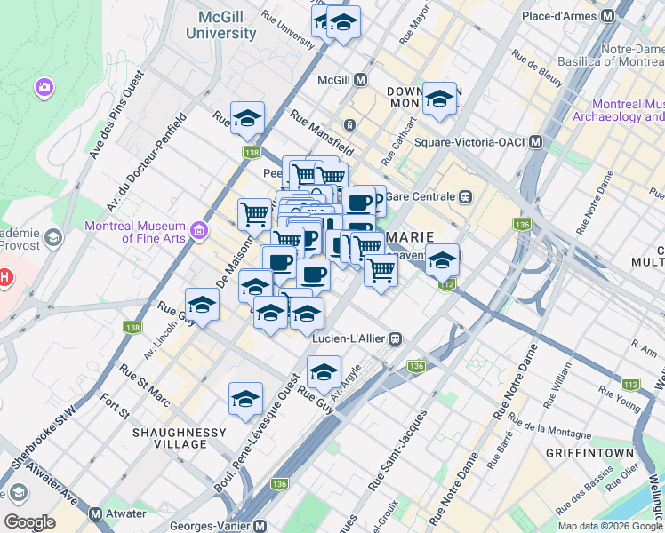 map of restaurants, bars, coffee shops, grocery stores, and more near 1200 Rue Drummond in Montréal